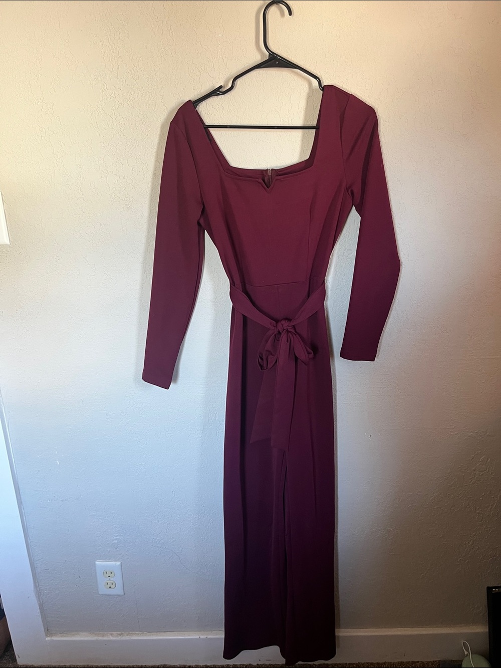 Women's Long-Sleeve Burgundy Maxi jumpsuit with Self Tie